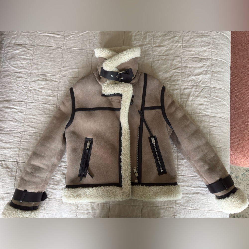 ALLSAINTS PRIYA SHEARLING JACKET TAUPE/ CHALK WHITE MEDIUM - Picture 8 of 16